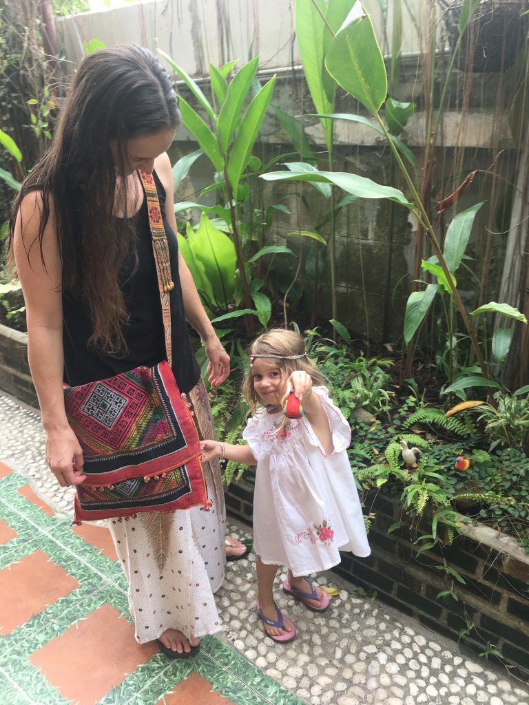 My amazing bag from a vintage Karen weaving, and my pants and Allegra's dress also fairly traded from Ethnic Lanna
