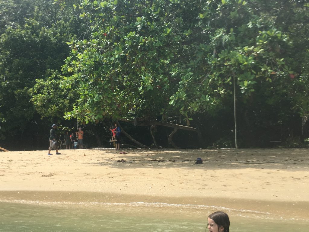 Dante still swimming, Allegra on the rope swing, Khiri collecting trash and other tour members exploring the beautiful beach. 